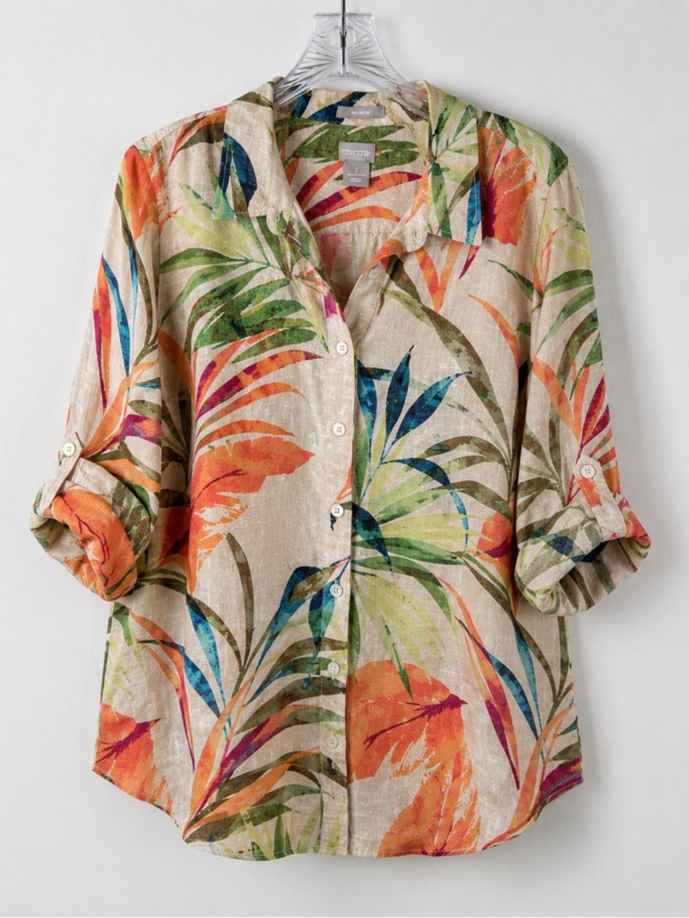 Chico’s 100% Linen Tropical Floral Button Front Shirt Beige Large